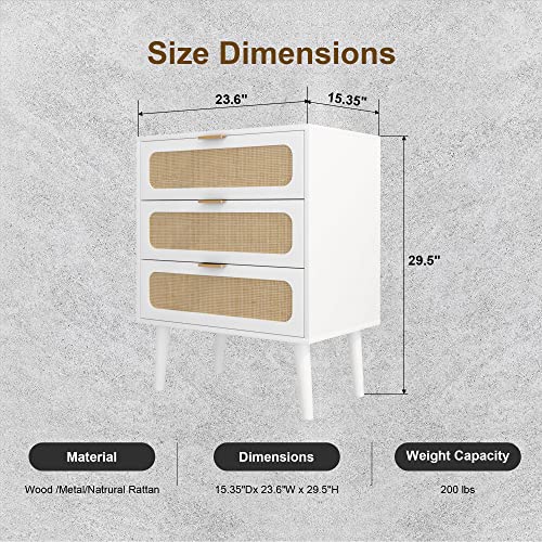 Image of QHITTY Drawer Dresser, Rattan Chest of Drawers with 3 Drawers Dresser, Accent Storage Cabinet Modern Bedside Table for Living Room, Entryway (White)