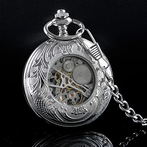 Image of Classic Silver Mechanical Pocket Watch, Roman Numerals Silver Pocket Watch with Chain Box for Men