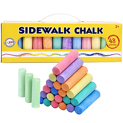 Playkidiz Conjunto de 48 peças de giz para pavimentos de aça, variedade de cores, palhetas gordas de cores para crianças, ideal para brincar ao ar livre, vem com capa de transporte e alça.