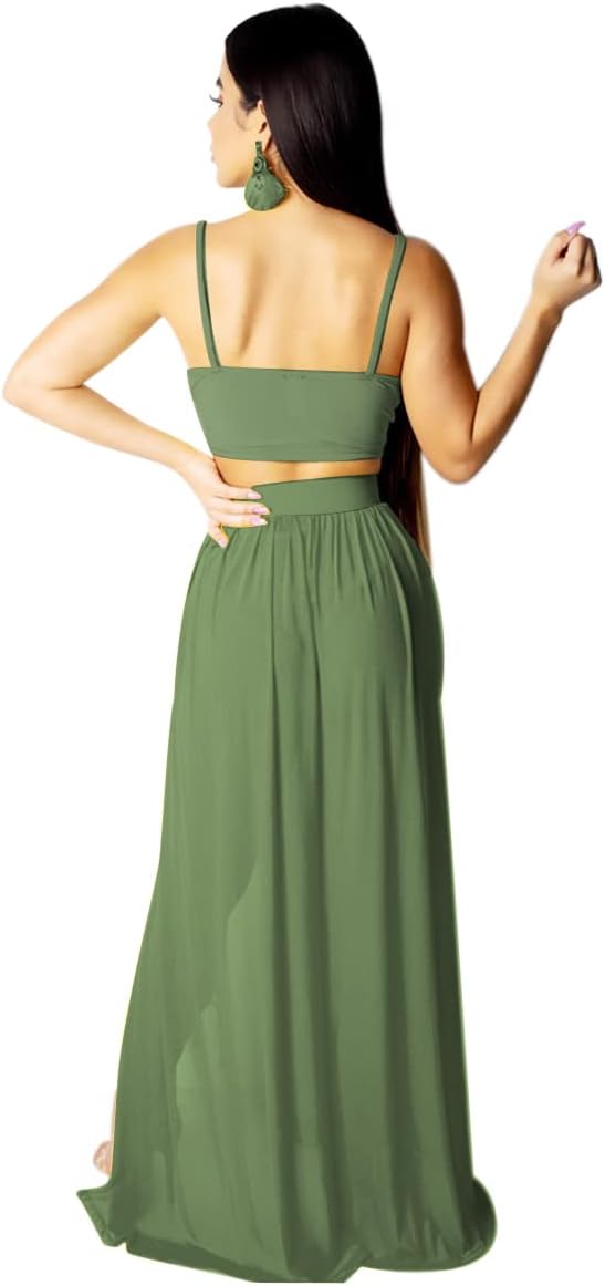 Women Sexy 2 Piece Outfits Dress Chiffon Strap Deep V Neck Bra Crop Top High Split Maxi Dresses Skirt Set Swimwear Cover Ups Light Green Large - Image 2