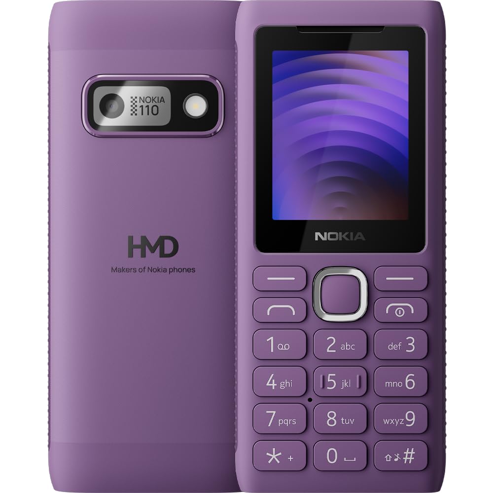 Nokia 110 Power Keypad Phone |Dual SIM,Camera, Long Lasting Battery, Durable Design, Phone Talker, Wireless FM Radio, MP3 Player, MicroSD, 1-Year Replacement Guarantee | Purple