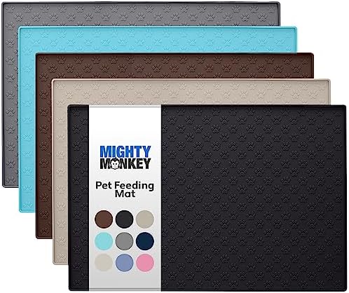 MIGHTY MONKEY Silicone Pet Feeding Mat, Waterproof Placemat for Dog and Cat Bowls, Raised Edges, Prevent Water Spills and Food Messes on Floor, Paw Print Tray Mats, Dishwasher Safe, 18x12, Black