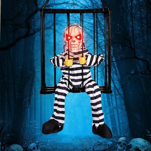 Decoración de terror de Halloween con jaula de prisionero animada para sustos 4