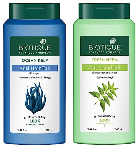 Biotique Bio Kelp Protein Shampoo for Falling Hair Intensive Hair Regrowth Treatment, 340ml & Biotique Bio Neem Margosa Anti Dandruff Shampoo and Conditioner, 340ml