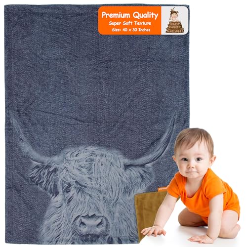 Image of Dear Baby Gear Farm Deluxe Newborn Blanket - Double Layer Reversible, Milestone & Infant Gifts for Girls and Boys - Highland Cow on Denim Printed Blanket & Khaki Smooth Fabric, 40 x 30 Inches