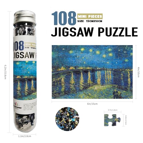 Rompecabezas Kaleidomini de 108 piezas para adultos - Serie de pinturas al óleo de Van Gogh (La noche estrellada, Floración de almendros, Noche estrellada sobre el Ródano), 3 paquetes, rompecabezas miniatura de 6 x 4 pulgadas miniatura 5