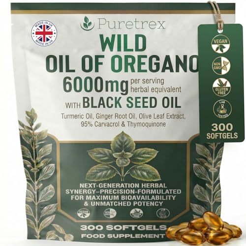 PURETREX Wild Oregano Oil 6000mg with Black Seed, Turmeric & Ginger – 300 Softgels | 95% Carvacrol for Immune & Gut Support | High-Potency Herbal Blend