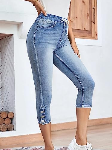 Conshvi Women's High Waisted Capris Jeans Trendy Skinny Stretch Capri Jeans Elastic Waist Drawstring Denim Capris Pants4
