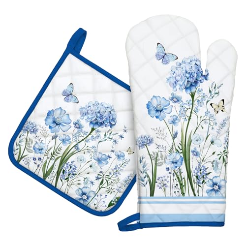 Arquiel Guanti Da Forno Presina Set Di 2, 100% Cotone Addensare Guanti Da Forno A Microonde, Presine Da Cucina Morbida Resistenti Al Calore Per Arrostire, Cuocere (fiori di campo blu）