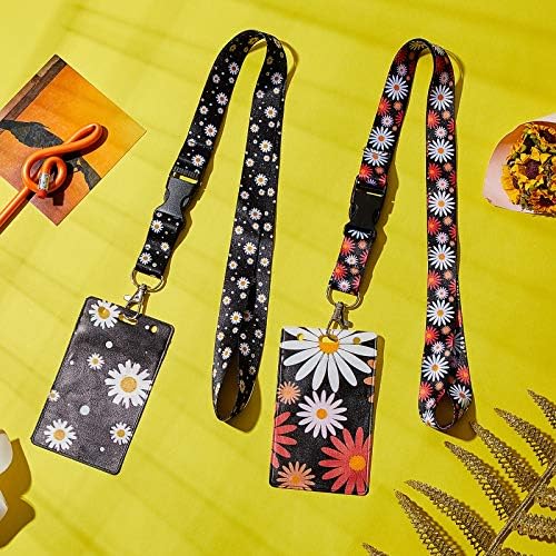 2 Set Daisy Lanyard with Card Holder, Daisy Neck Strap Flowers Lanyard and Waterproof Transparent Badge Holder for ID Card Keys Tickets, Office School Supplies (Classic Style)