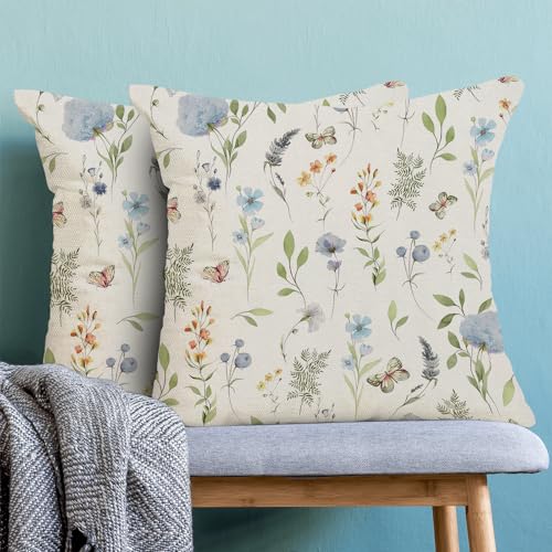 Image of Spring Pillow Covers 18x18 Inch Set of 2, Sage Green Blue Wild Flower Throw Pillows Case,Colorful Seasonal Floral Plant Outdoor Decorative Farmhouse Decor Cushion Covers for Home Sofa Bed Couch