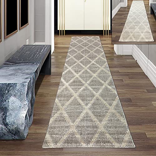Teppich-Traum Flur Läufer strapazierfähig – Schlichtes Rautenmuster – hell dunkel Effekt in Creme, Größe 80 x 300 cm