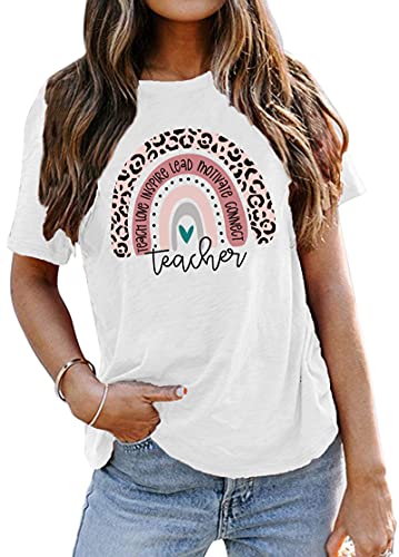 Teacher Shirt for Women Teach Rainbow Leopard...
