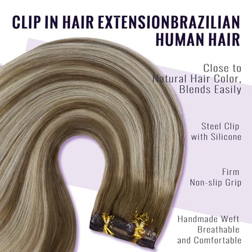 Fshine Clip In Real Hair Extensions, 16 IN, 7 Pieces, 120 g, Balayage Brown to Platinum Blonde, TangleFree, Colour 6 60 6 - Image 4