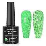 SUPWEE Neon Green Reflective Glitter Gel Nail Polish Sparkle Fluorescent Nail Polish Gel Shiny Disco