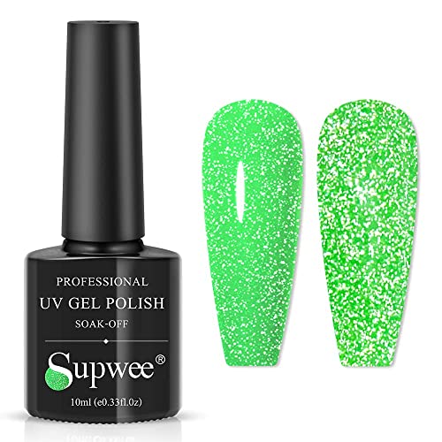 Supwee Neon Green Reflective Glitter Gel Nail Polish Sparkle Fluorescent Nail Polish Gel Shiny Disco Nail Gel Polish Summer Spring Bright Green Gel Polish Set Soak Off Uv Gel 10Ml(0.33Fl Oz) #TOP5