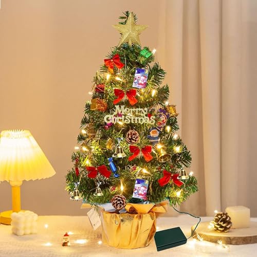 Árbol de Navidad de Mesa pequeño, 60cm, Mini árbol Artificial con Luces LED Adornos, Manualidades Navideñas
