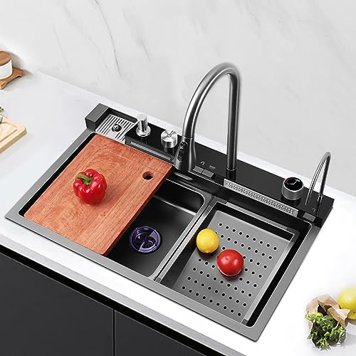 Fregadero de Cocina con diseño de Cascada Fregadero de Cocina con Pantalla Digital y Accesorios con lavavasos a presión