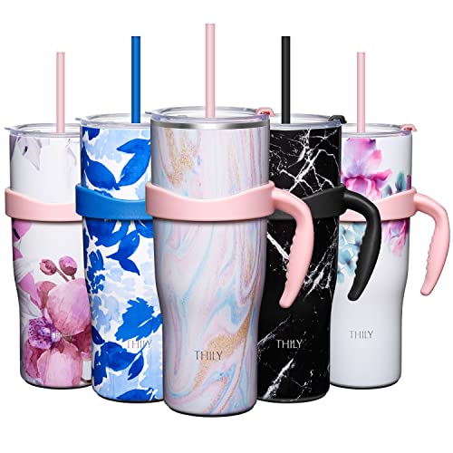 THILY Stainless Steel Vacuum Insulated Tumbler 1180 ml Coffee Travel Mug with Handle and Lids, Sweat Proof, Keep Drinks Cold for 34 Hours or Hot for 12 Hours, Pink Ripple