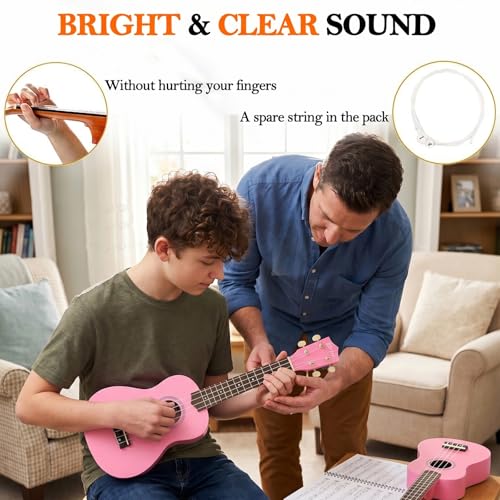 Image of Everjoys Soprano Ukulele Beginner Kit 21 Inch w /Free Online Lesson Gig Bag Tuner Picks Strap, Fast to Learn (Pink)