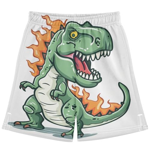 Boys Casual Shorts, Athletic Gym Shorts Elastic Waist with Pockets Green Fire Dinosaur Summer Sports Homewear 7-15Y