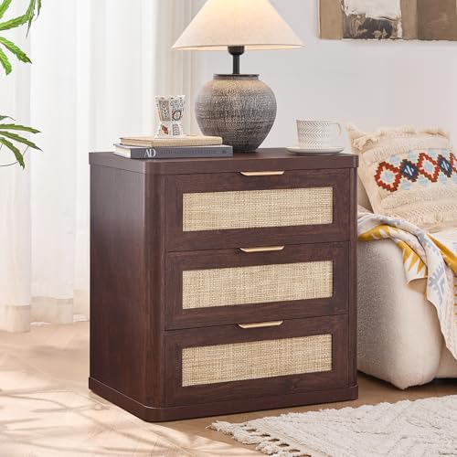 Image of LEYAOYAO Rattan Night Stand Set of 2 with Drawers, 23 inch Large 3 Drawer Boho Nightstand, Walnut Bedside Table Storage Cabinet, Bed Side End Tables Dresser for Bedroom, Living Room, Hallway, Closet