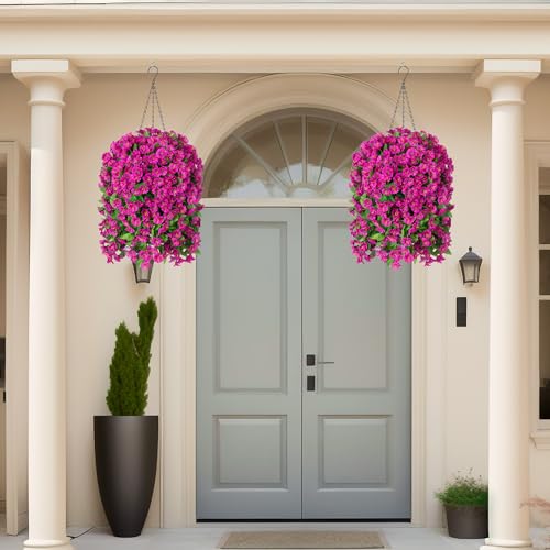 Image of Ammyoo Artificial Faux Hanging Flowers Basket for Spring Outdoor Decor | Fake Silk Colorful Morning Glory Eucalyptus in Planter UV Resistant for Summer Home Porch Balcony Yard(Red Purple)