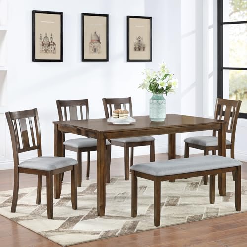 WOODHOMER 6-Piece Wooden Dining Table Set with 4 Upholstered Chairs and 1 Bench, Rectangular Kitchen Table Set for 7 People, Modern Dining Room Table for Kitchen and Dining, Walnut