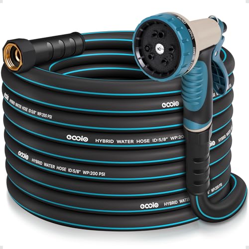 Image of Garden Hose 50 ft x 5 /8 inch with Nozzle, Water Hose Heavy Duty Flexible, Lightweight Kink-less Hybrid Hose with Swivel Handle, Male to Female Fittings (Blue, 50FT)