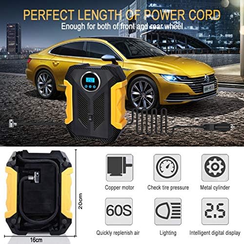 BUDDYGO Digital Tyre Inflator Portable Air Compressor Car Tyre Pump 12V Air Inflator Pump for Cars Tyres Other Inflatables Bicycles, LED Flashlight,Auto Shut Off,3 Valve Adaptors