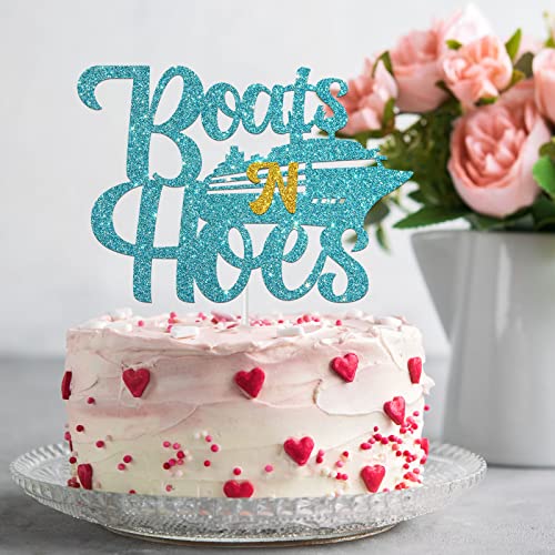 Blue Glitter Boats N Hoes Cake Topper, Nautical Themed Birthday / Bridal Shower / Engagement / Bachelorette / Wedding / Baby Shower Party Decoration Supplies #TOP5