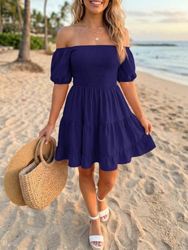 Image of Wenrine Womens Puff Sleeve Babydoll Dress Summer Floral Square Neck Smocked Casual Off Shoulder Ruffle Boho Mini Dresses