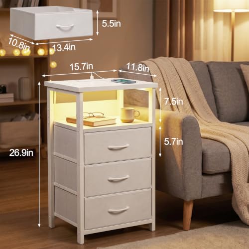 Image of Fixwal Night Stand with 3 Drawers, White Nightstand with Charging Station