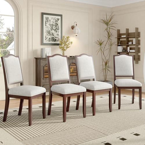P PURLOVE Farmhouse Dining Chairs Set of 4, Upholstered Dining Chairs with High Back, Modern Seating for Kitchen, Bedroom, Living Room (Beige and Cherry)