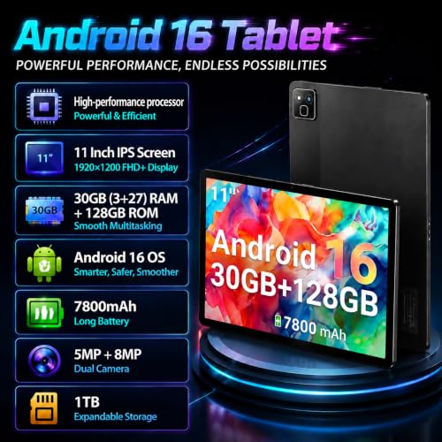 Image of 2026 11 Inch Android 16 Tablet, Tablet with 30GB RAM+128GB ROM, 1TB Expandable, 1280 * 800 Eye-Care LCD Display, 7800mAh Battery, WiFi 6+BT5.4 Ultra-Thin Tablet for Study Entertainment