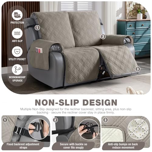 Image of TAOCOCO 100% Waterproof Loveseat Recliner Cover, Non Slip Split Recliner Couch Cover with Elastic Straps, Washable Reclining Sofa Cover Furniture Protector for Kids, Dogs, Pets(2 Seater, Light Brown)