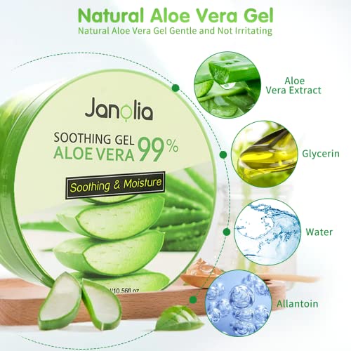 Janolia Aloe Vera Gel, 300 ml Gesicht Aloe Vera Creme, Natürlich Aloe Vera Extrakt, Beruhigend und feuchtigkeitsspendend, Sonnenschutz und Selbstbräuner, für Gesicht, Körper, Sonnenbrand