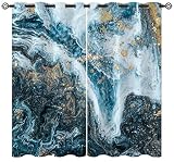 ONINUO Marble Blackout Curtains for Girls Boy Home Decor, Abstract Blue Gold Ocean Granite Texture G