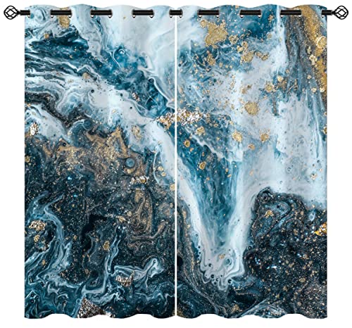 Oninuo Marble Blackout Curtains For Girls Boy Home Decor, Abstract Blue Gold Ocean Granite Texture Grommet Thermal Insulated Drapes Darkening Window Curtain For Bedroom Living Room, 42 X 45 Inch #TOP5