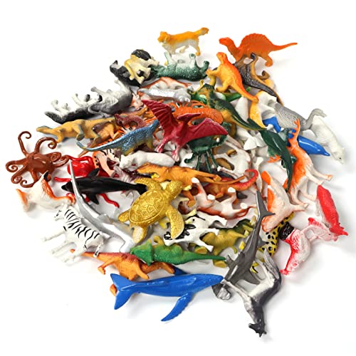 DOITEM Animal Toys, 60 Pcs Assorted Dinosaur Ocean Sea Animal Farm Animal Jungle Animal Wild Animals Dinosaurs Figure Realistic Plastic Zoo Play Set Small Toys for Kids Cupcake Topper Party Favors