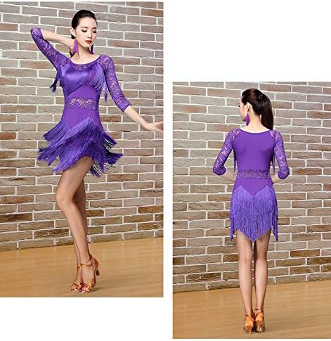 ZX レディース フリンジ付きダンスドレス ボールルームコスチューム レース ラウンドネック 1/2スリーブ タンゴ サルサ ラテン