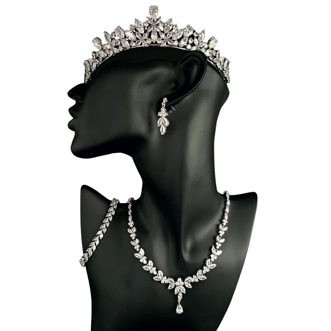Silber Zirkonia Brautschmuck Schmuckset Diadem Tiara Collier Krone Haarschmuck