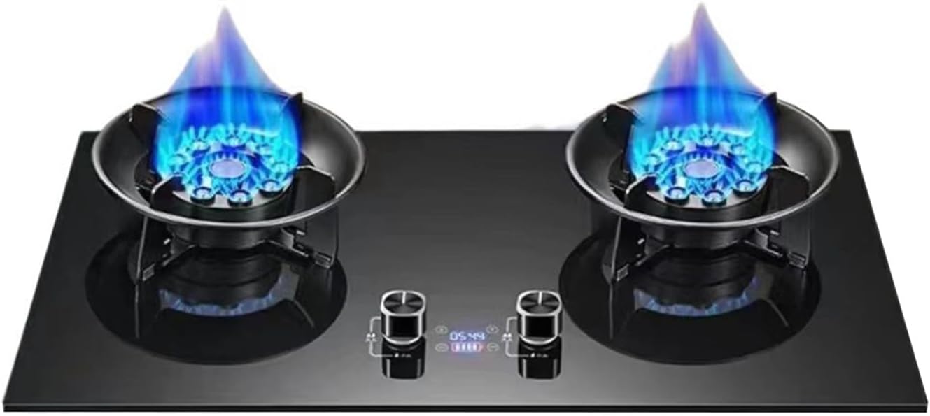 Double Burner Gas Stove,7.2KW 10-cavity Countertop,90° Reversible Head Easy Cleaning,with Tempered Glass Auto-Ignition,Tabletop/Built-in Dual-Use(LPG)