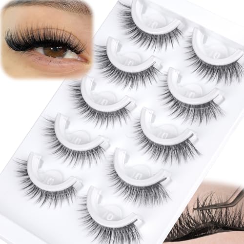 Self Adhesive Eyelashes Natural Look Press On Lashes No Glue Needed Wispy Reusable Self Adhesive Lashes without Eyeliner Clear Band Pre Glued Lashes Cat Eye Lashes Faux Mink Lashes 5 Pairs