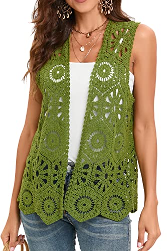 Women's Crochet Vest Sleeveless Boho Lace Cardigan (Geometry Olive)