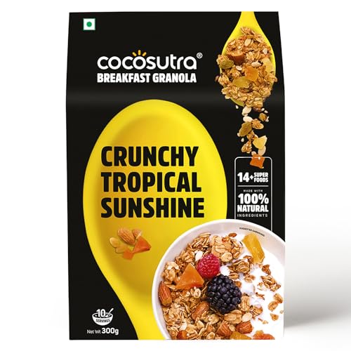 Image of Cocosutra Tropical Sunshine Breakfast Granola - 300g | High Protein Cereal with Oats, Nuts, Seeds and Dry Fruits | Lightly sweetened with Jaggery | Made with natural ingredients | Crunchy Breakfast Cereal with Oats, Nuts, Seeds & Dry Fruits, High Fibre, No Added Preservatives, Ready to Eat