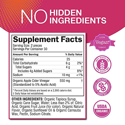 Apple Cider Vinegar Gummies With The Mother - Organic Apple Cider Gummies For Energy And Digestion - Low Sugar Acv For Metabolism Gummies - Vegan And Allergen Friendly Apple Vinegar Gummy (60 Count) #TOP1