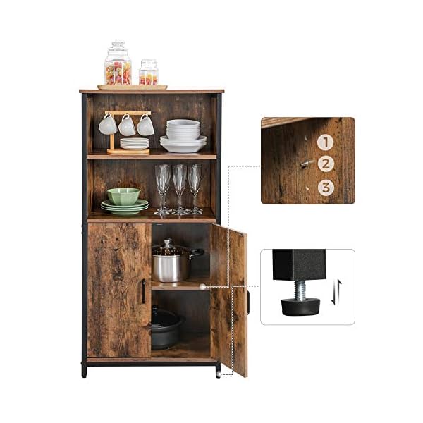 VASAGLE Floor Standing Cabinet, Storage Cabinet, Kitchen Cupboard with 2 Open Compartments, 1 Adjustable Shelf Behind Doors, Multifunctional, Industrial Style, Rustic Brown and Black LSC66BX - Image 3