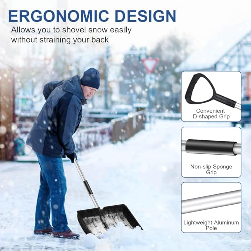 Large Snow Shovel for Driveway: 2024 New 52-Inch Snow Shovels for Snow Removal Lightweight Portable Plastic Aluminum Blade Shovel for Garden Car Camping