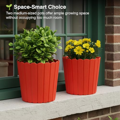 Image of GARDENS NEED 10 Inches Thai Round Flower Pot | Set of 2 | Orange | Plastic Planter Pots for Indoor & Outdoor Home, Office & Balcony Decoration